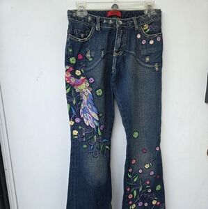 Tokyo Denim Bank Blue Embroidery Peacock & Flowers Flared Jeans 27. 9M